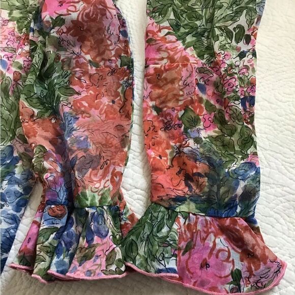 Vintage 60s Floral Print Ruffle Neck Long Sleeve Maxi Dress - Picture 9 of 16